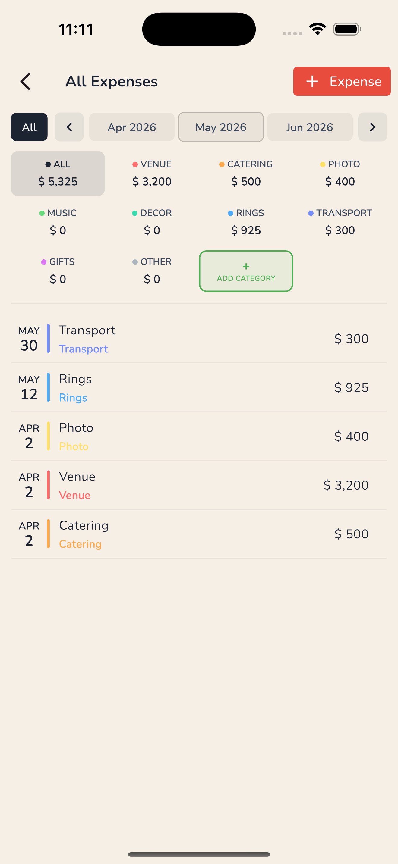 EventSum all expenses screen showing categorized spending across Venue, Catering, Photo, Rings, and Transport categories