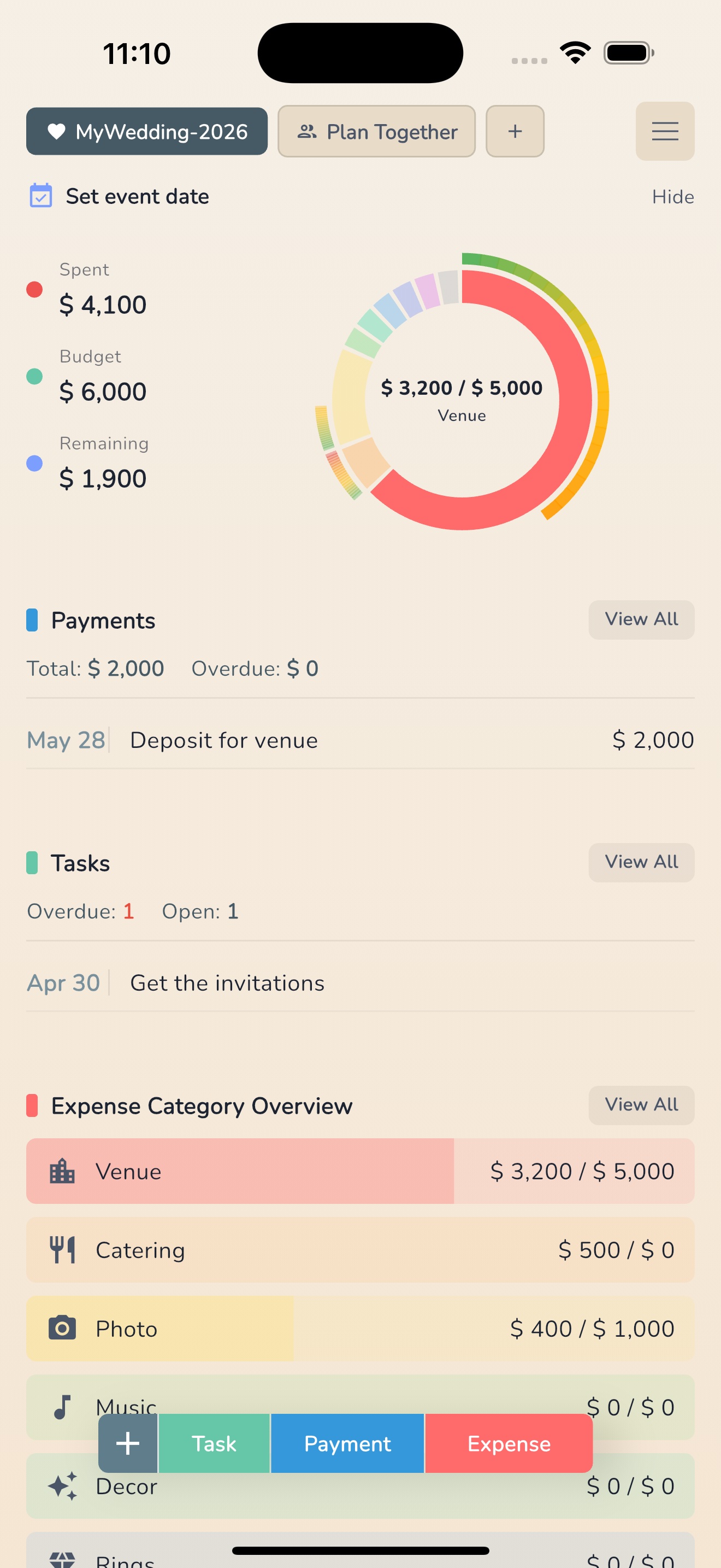 EventSum wedding dashboard showing budget tracker with $4,100 spent of $6,000, donut chart, and pending payments