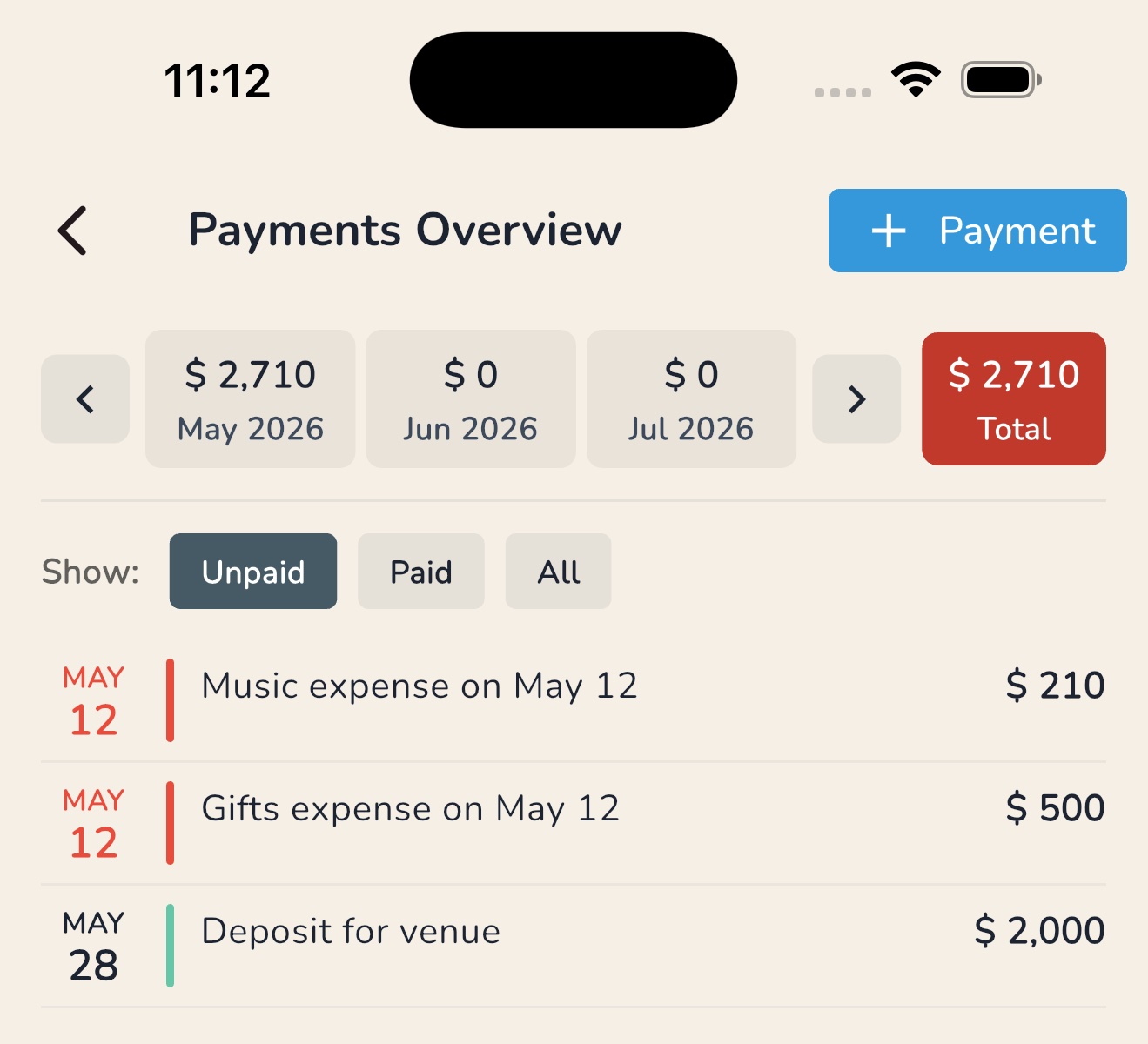EventSum payments overview showing monthly payment breakdown with unpaid music, gifts, and venue deposit entries