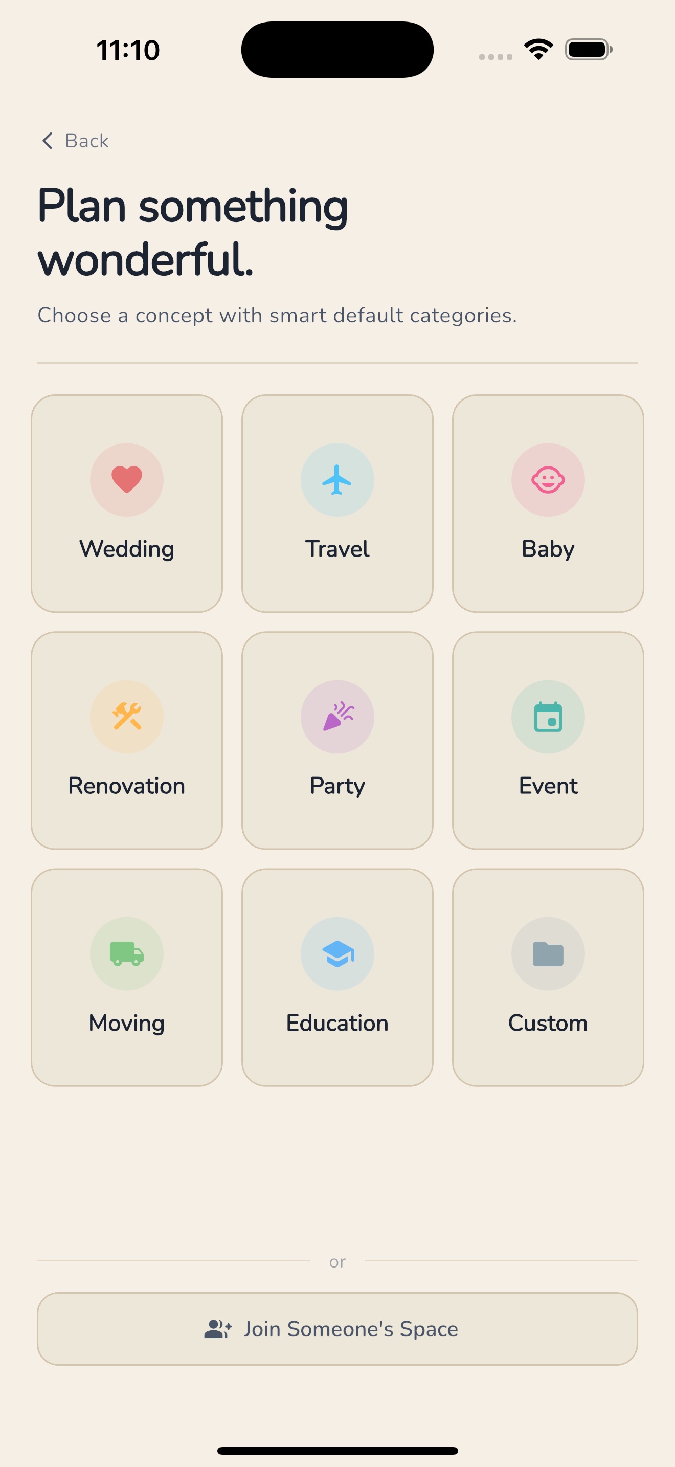 EventSum event type selection screen with Wedding, Travel, Baby, Renovation, Party, and Custom event options