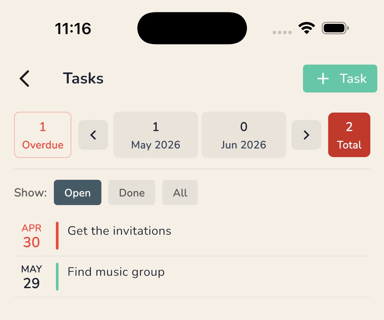 EventSum task management screen with overdue and upcoming wedding tasks like 'Get the invitations' and 'Find music group'